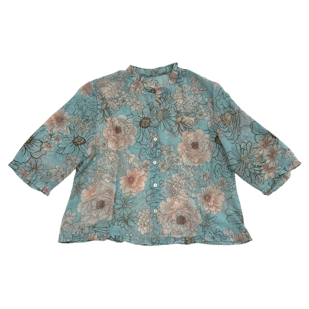Unbranded Light Blue Semi Sheer Floral Cropped Button Up Ruffle Hem
